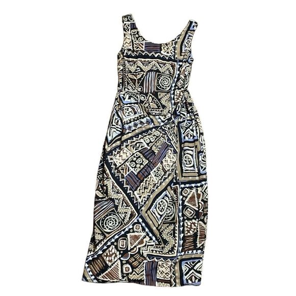 90s Vintage geometric Print Rayon Tie Front Tank Midi Dress black size 9 - 10 - Picture 1 of 7